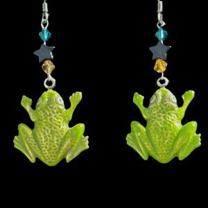 🆕🐸 Vintage Fun Sterling Frog, Swarovski® Crystals, & Onyx Star Dangle Earrings